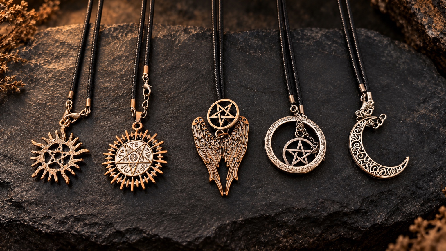 Five Dragon Tower warrior relic pendants arranged on dark stone
