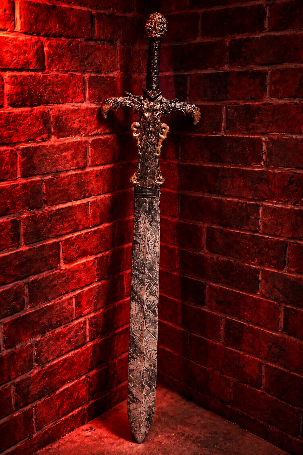 Ornate greatsword displayed in a red-lit brick chamber