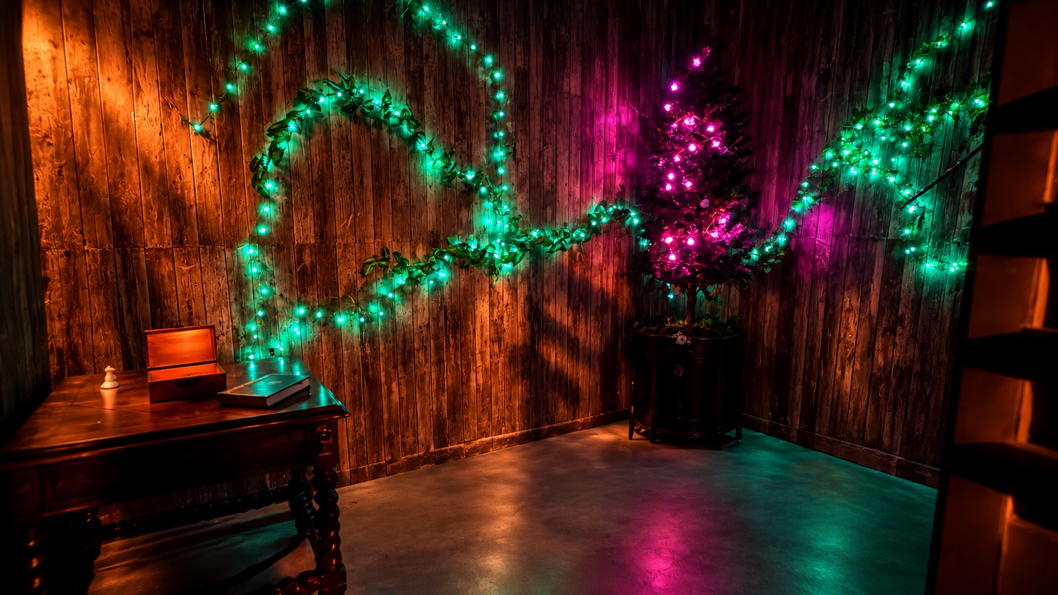Dragon Tower's glowing vine room with green and violet light