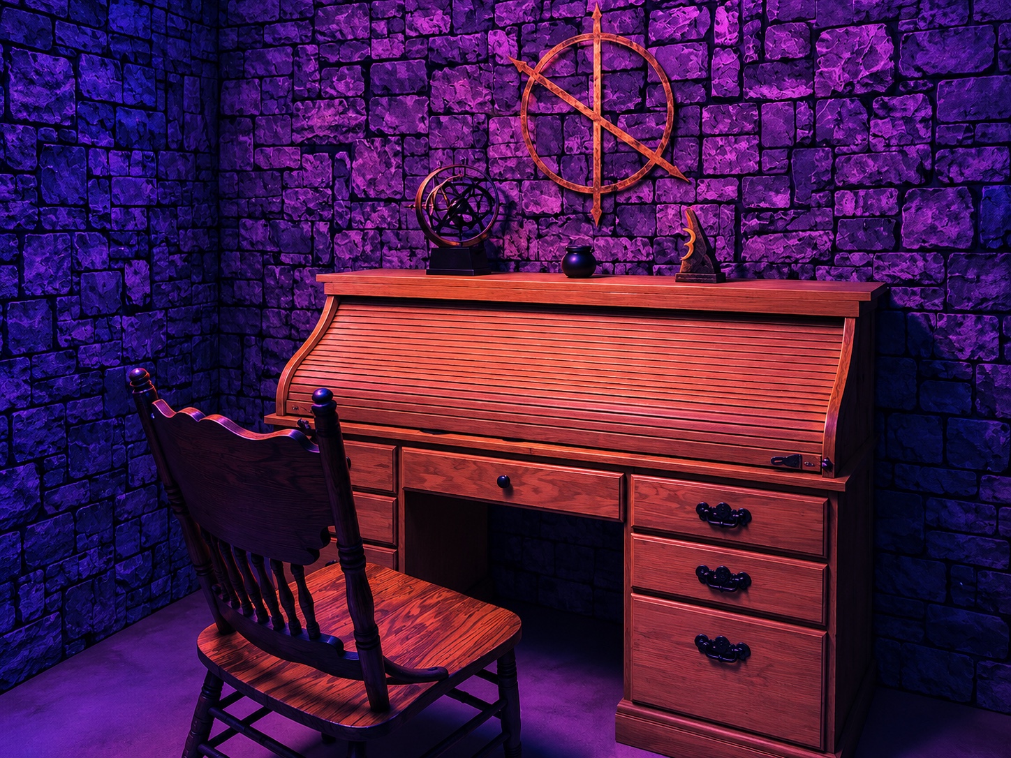 Dragon Tower study with a roll-top desk under purple and blue light