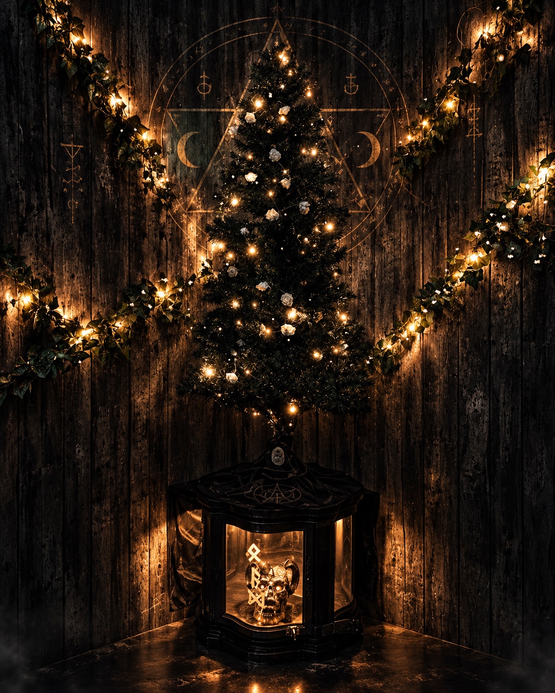 Dark tree shrine with warm lights and a skull artifact in a glass cabinet
