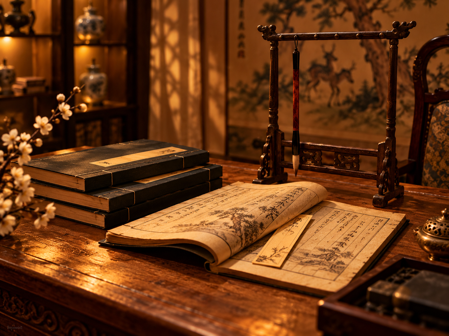 Open book, calligraphy brushes and scholar’s desk in warm lantern light