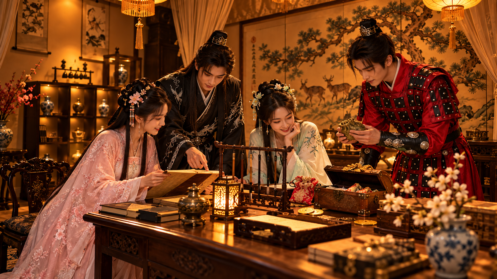 Four costumed heroes examining objects together around the Royal Library table