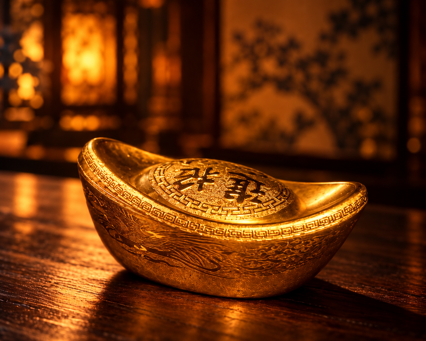 Golden yuanbao in warm lantern light