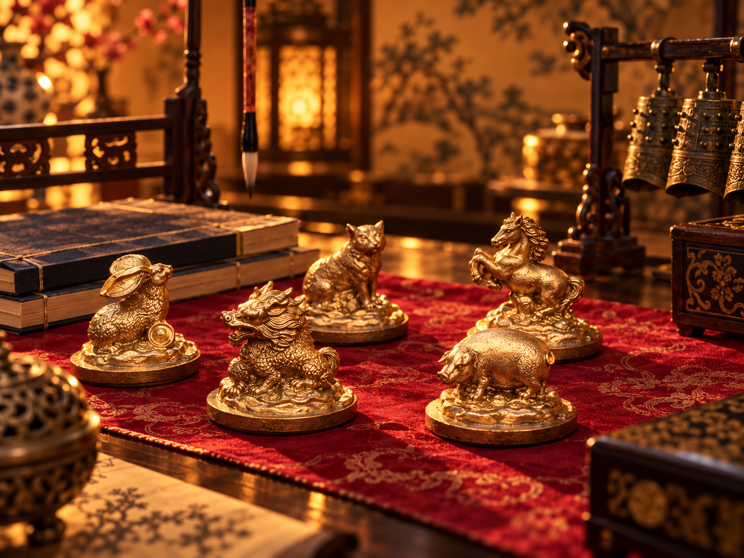 Golden animal figures among antique study objects